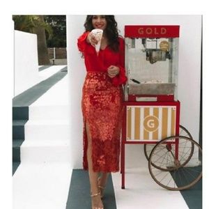 Zara red sequin midi skirt flowy with front slit